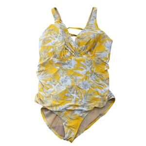 Cacique Swim Swimsuit Womens 24 Swimsuit One Piece Yellow Floral Lace Back